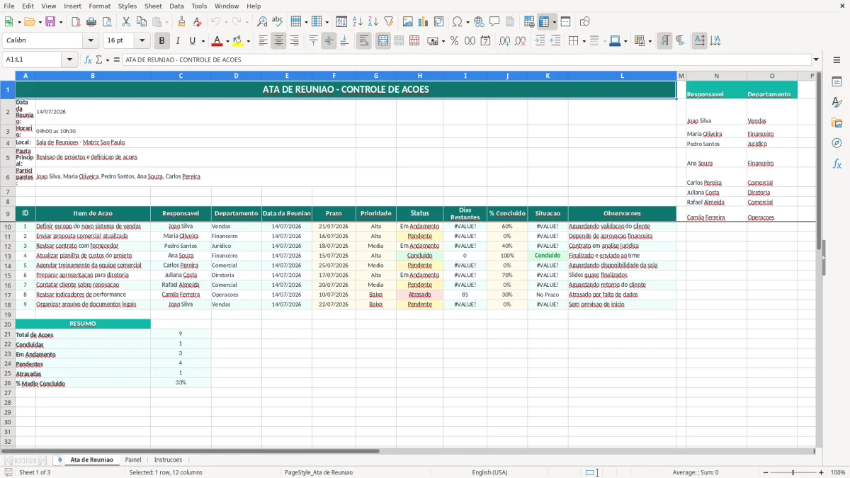 Captura 1: aba Ata de Reuniao - Planilha Excel ata de reuniao