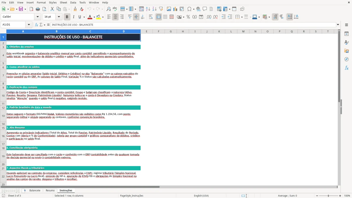 Captura 3: aba Instruções - Planilha Excel balancete