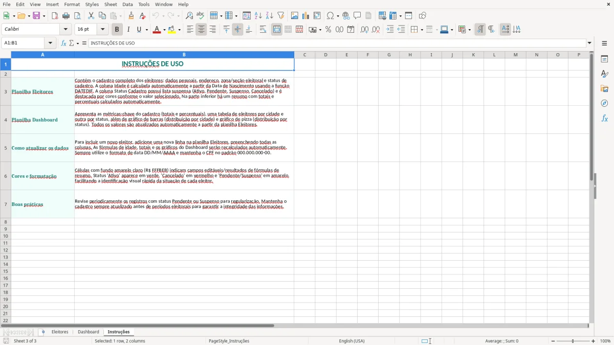 Captura 3: aba Instruções - Planilha Excel cadastro de eleitores