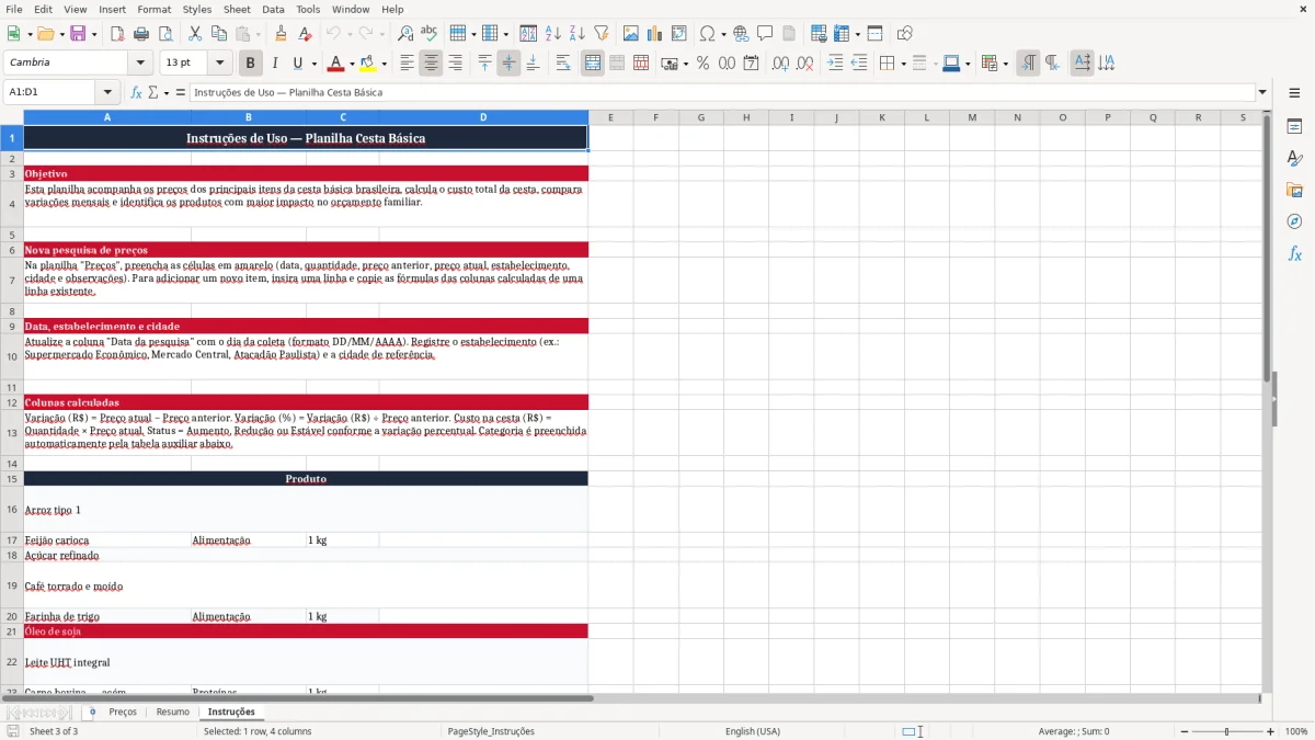 Captura 3: aba Instruções - Planilha Excel cesta basica