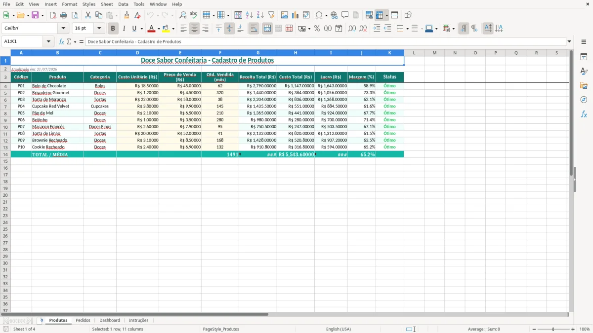 Captura 1: aba Produtos - Planilha Excel confeitaria