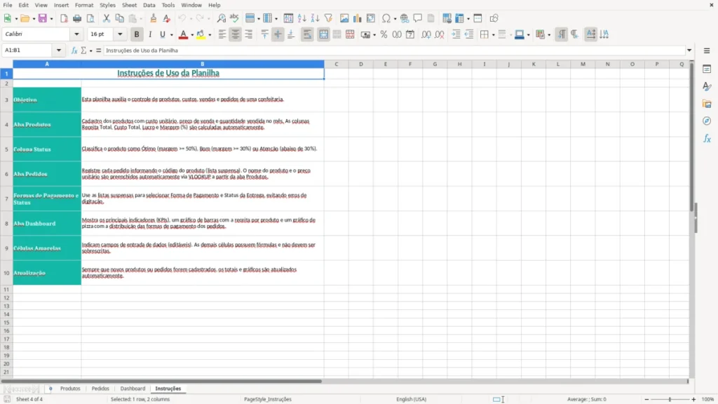 Instruções – Confeitaria Excel – Planilha Grátis (2026)