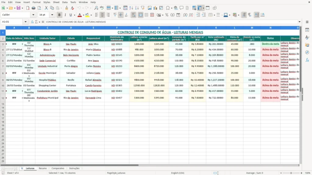 Leituras – Consumo de Água Excel – Planilha Grátis (2026)