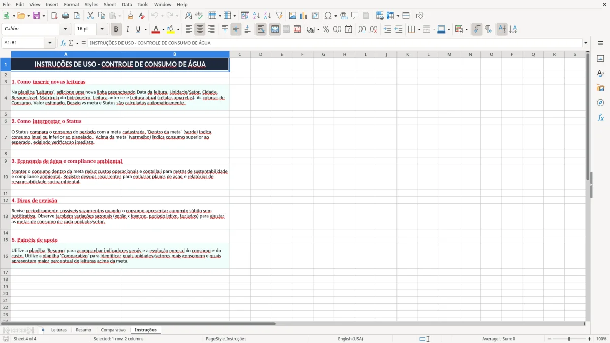 Captura 4: aba Instruções - Planilha Excel consumo de agua