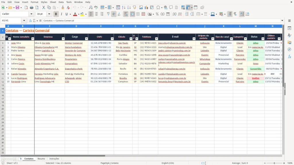 Contatos – Planilha de Contatos no Excel