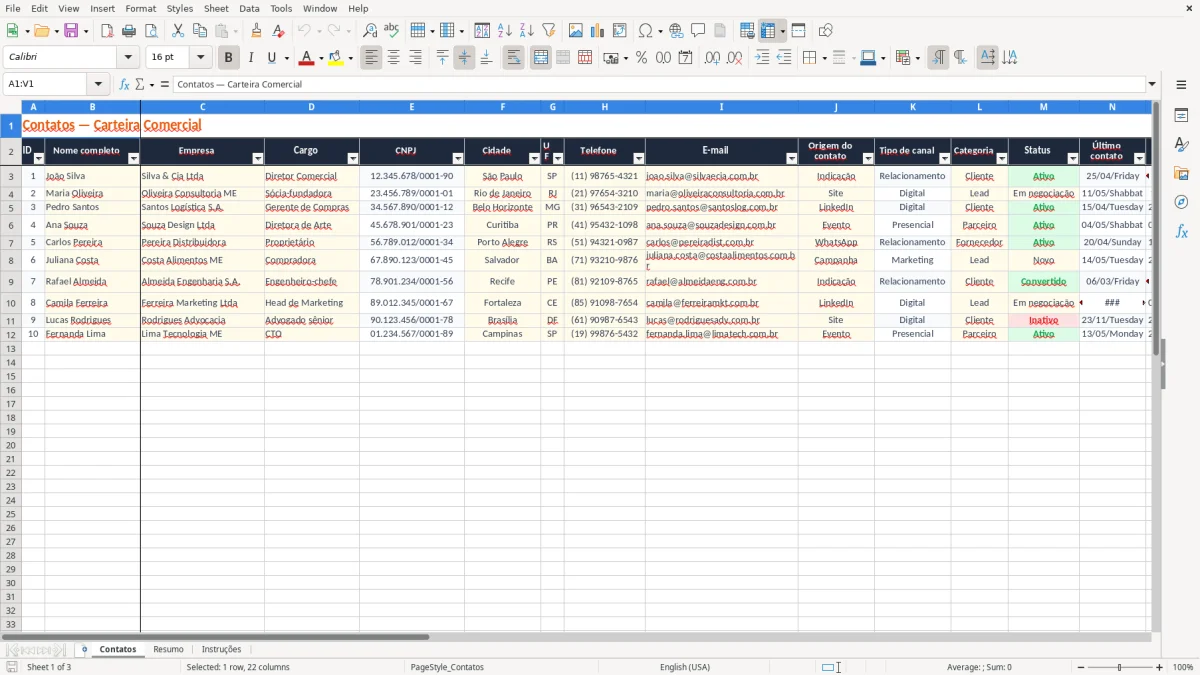 Captura 1: aba Contatos - Planilha Excel contatos