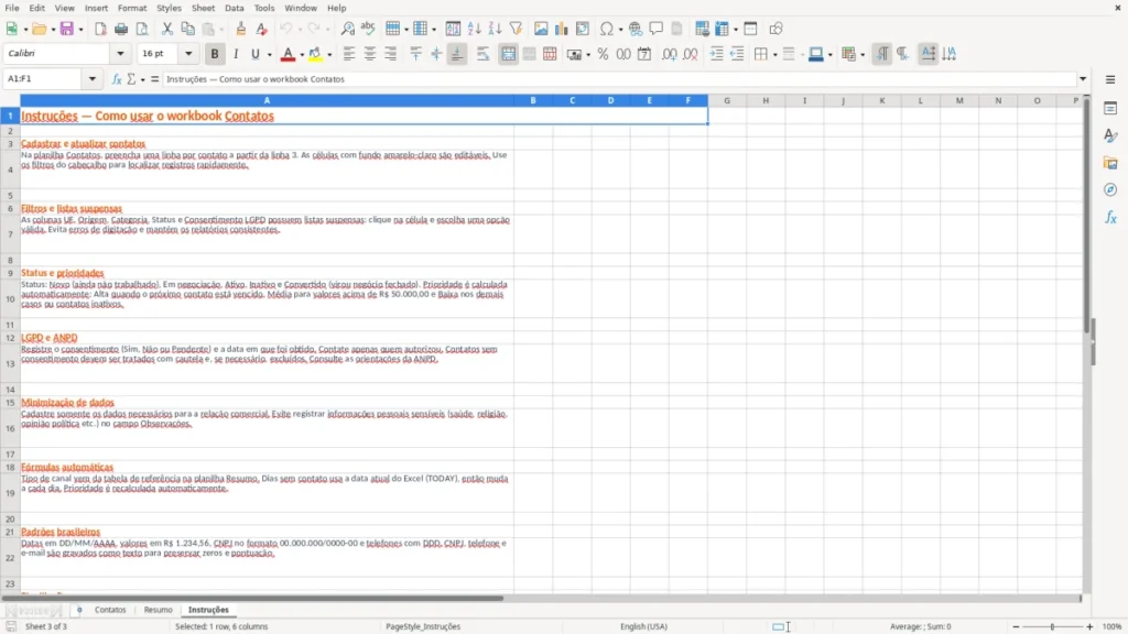 Instruções – Planilha de Contatos no Excel