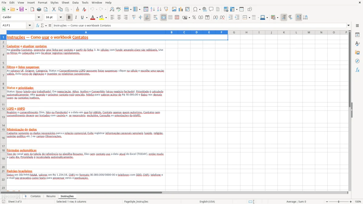 Captura 3: aba Instruções - Planilha Excel contatos