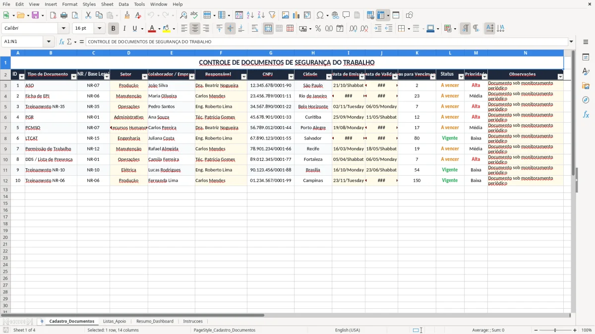 Captura 1: aba Cadastro_Documentos - Planilha Excel controle de documentos seguranca do trabalho
