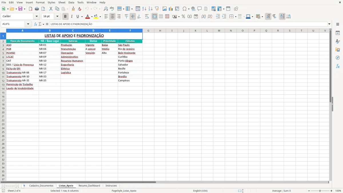 Captura 2: aba Listas_Apoio - Planilha Excel controle de documentos seguranca do trabalho