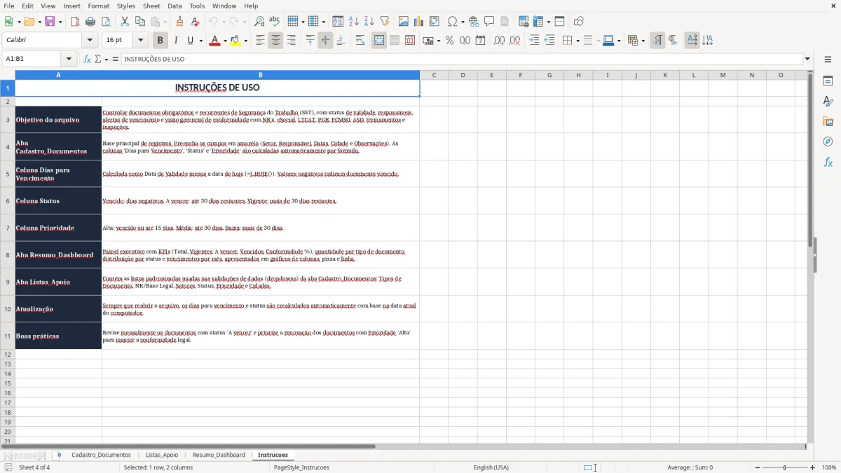 Captura 4: aba Instrucoes - Planilha Excel controle de documentos seguranca do trabalho