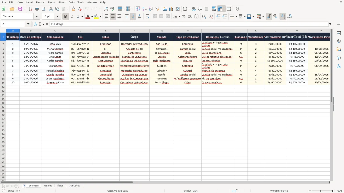 Captura 1: aba Entregas - Planilha Excel controle de entrega de uniformes