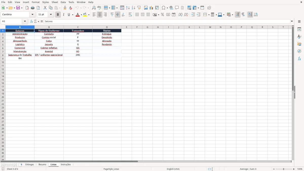 Captura 3: aba Listas - Planilha Excel controle de entrega de uniformes