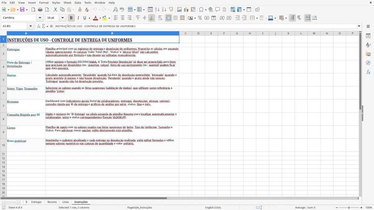 Captura 4: aba Instruções - Planilha Excel controle de entrega de uniformes