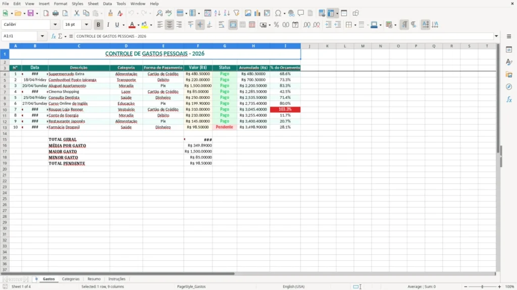 Gastos – Controle de Gastos Excel – Planilha Pessoal (2026)