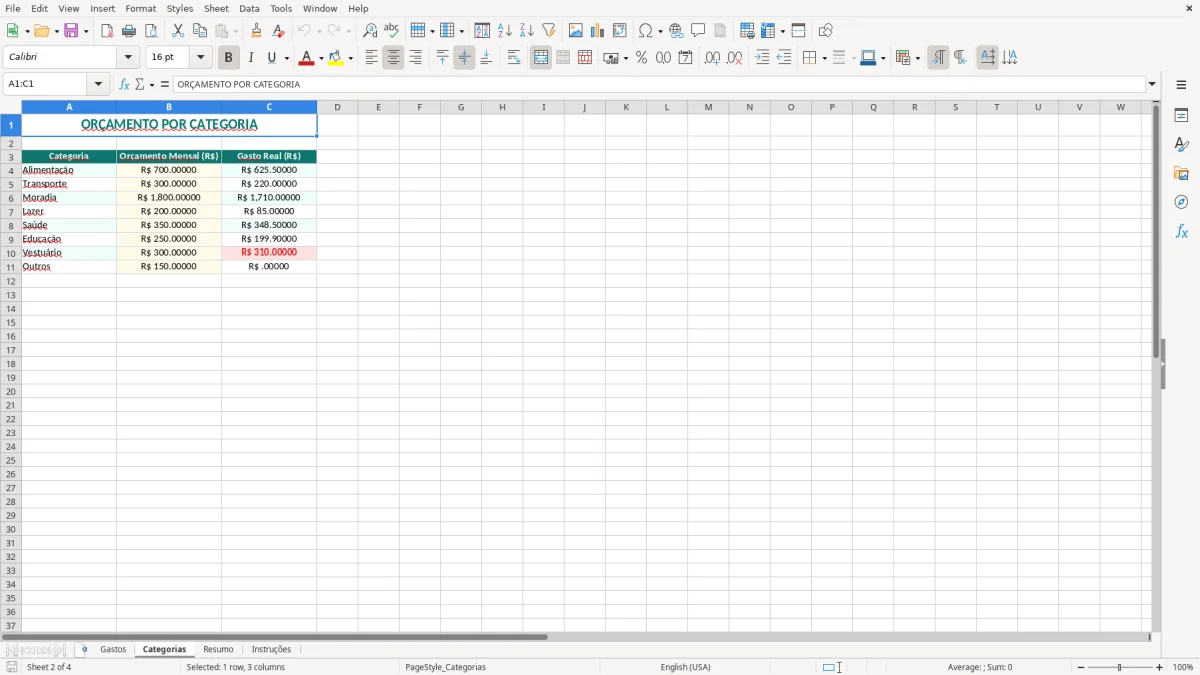 Captura 2: aba Categorias - Planilha Excel controle de gastos pessoais