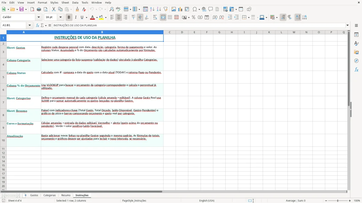 Captura 4: aba Instruções - Planilha Excel controle de gastos pessoais