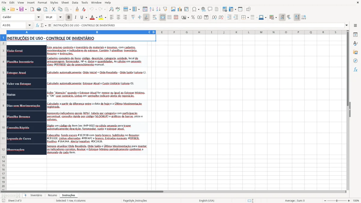 Captura 3: aba Instruções - Planilha Excel controle de inventario