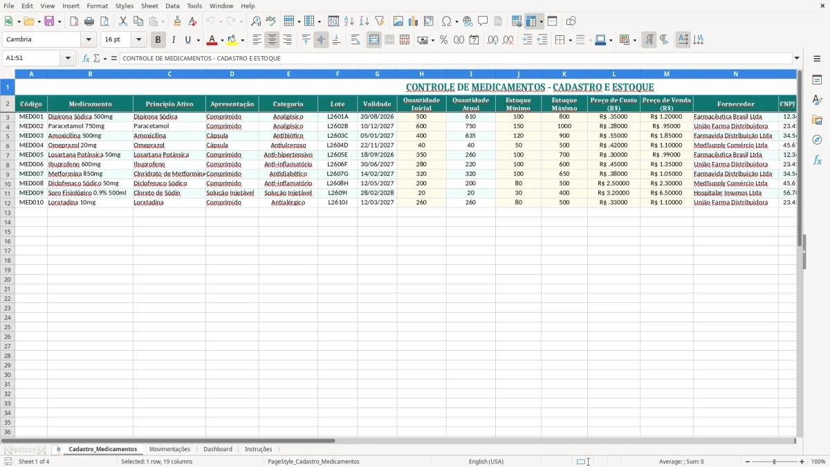 Captura 1: aba Cadastro_Medicamentos - Planilha Excel controle de medicamentos