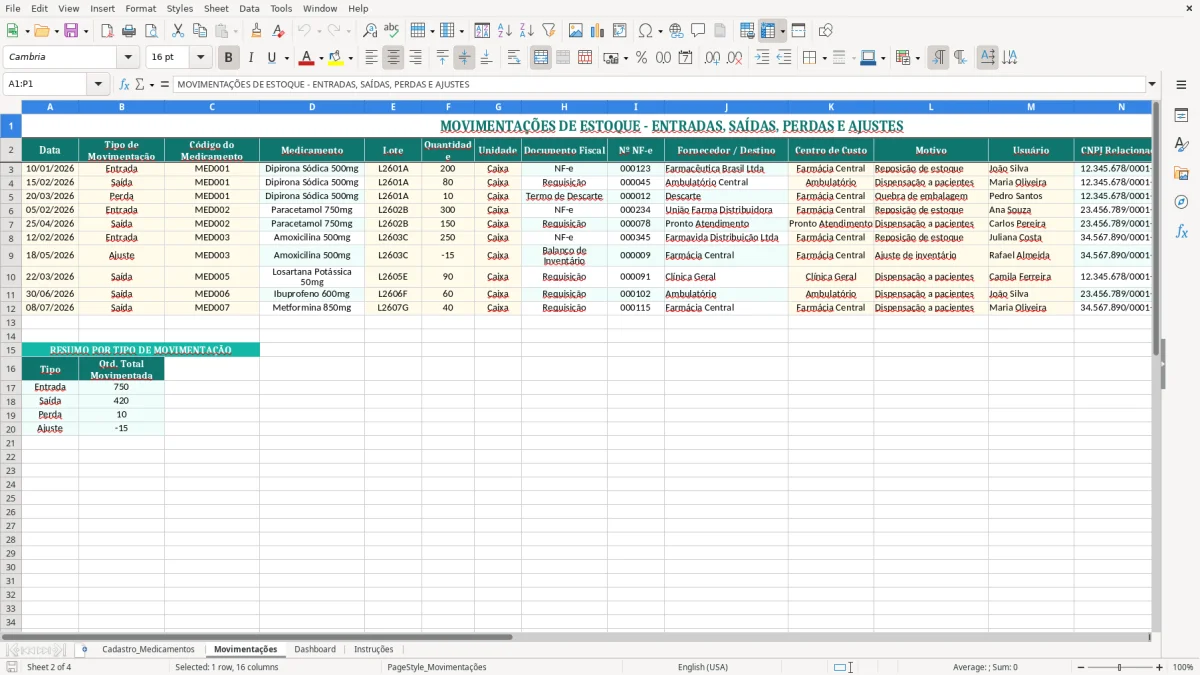 Captura 2: aba Movimentações - Planilha Excel controle de medicamentos