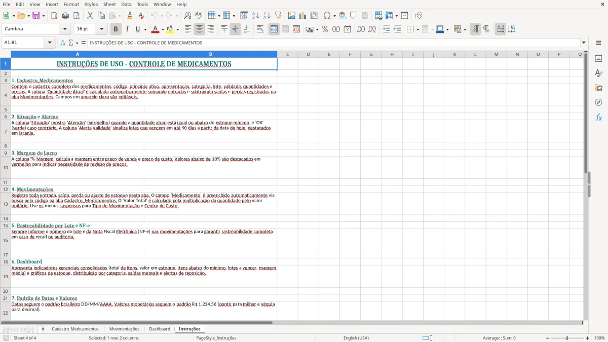 Captura 4: aba Instruções - Planilha Excel controle de medicamentos