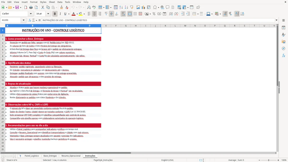 Captura 4: aba Instruções - Planilha Excel controle logistica