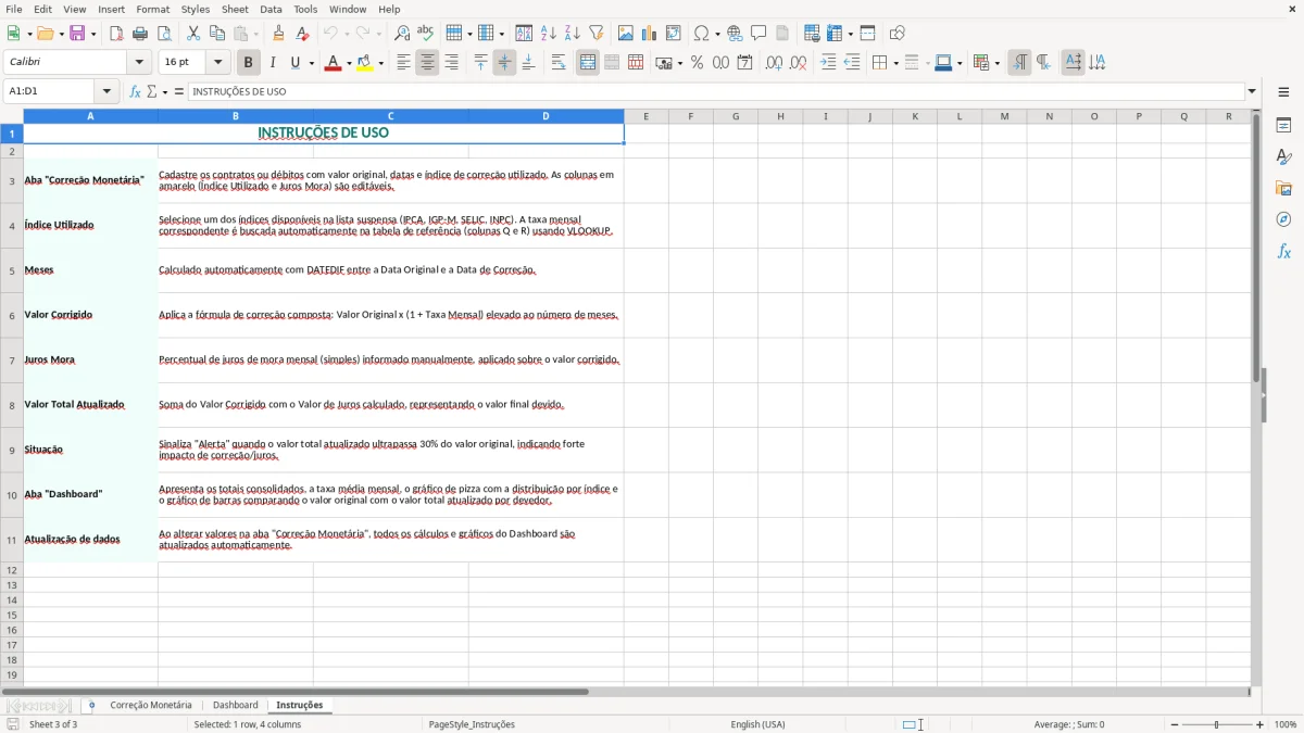 Captura 3: aba Instruções - Planilha Excel correcao monetaria e juros