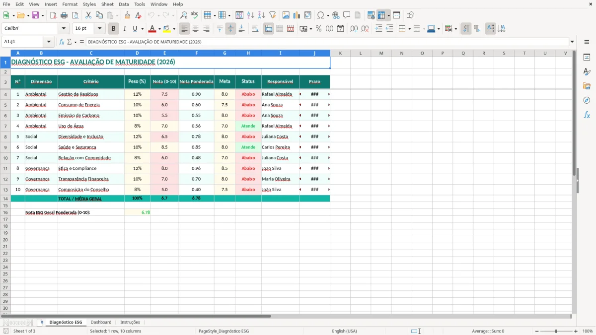 Captura 1: aba Diagnóstico ESG - Planilha Excel diagnostico esg