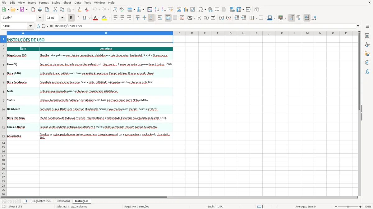 Captura 3: aba Instruções - Planilha Excel diagnostico esg
