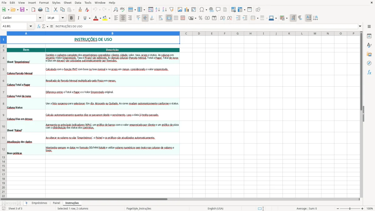 Captura 3: aba Instruções - Planilha Excel emprestimo