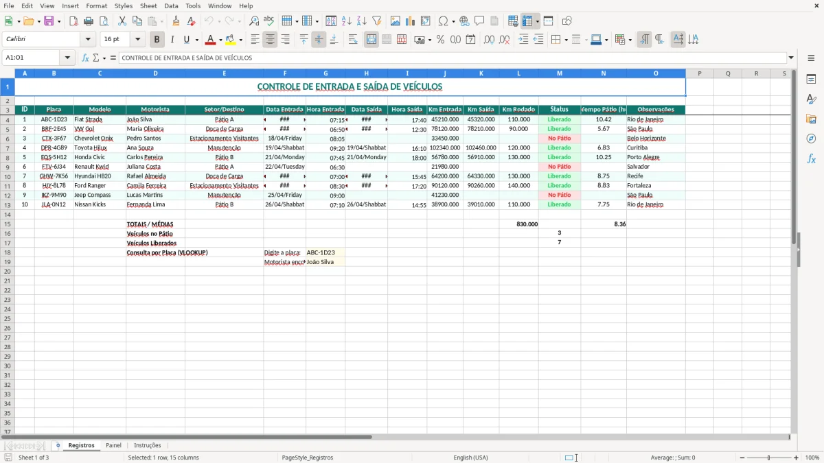 Captura 1: aba Registros - Planilha Excel entrada e saida de veiculos