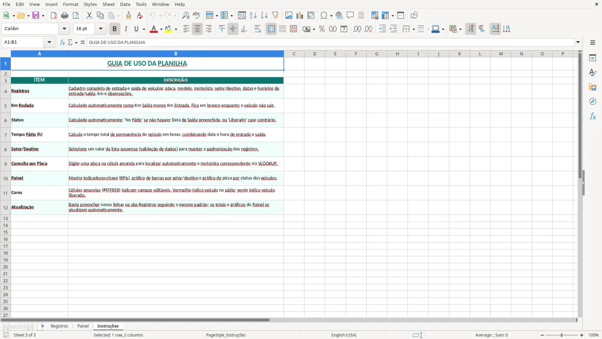 Captura 3: aba Instruções - Planilha Excel entrada e saida de veiculos
