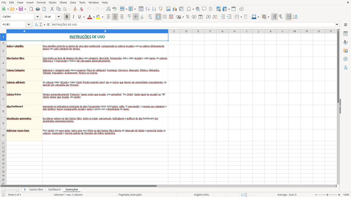 Captura 3: aba Instruções - Planilha Excel gastos obra