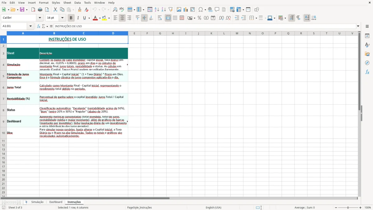 Captura 3: aba Instruções - Planilha Excel juros compostos diarios