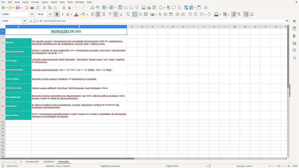 Captura 3: aba Instruções - Planilha Excel levantamento de necessidades de treinamento