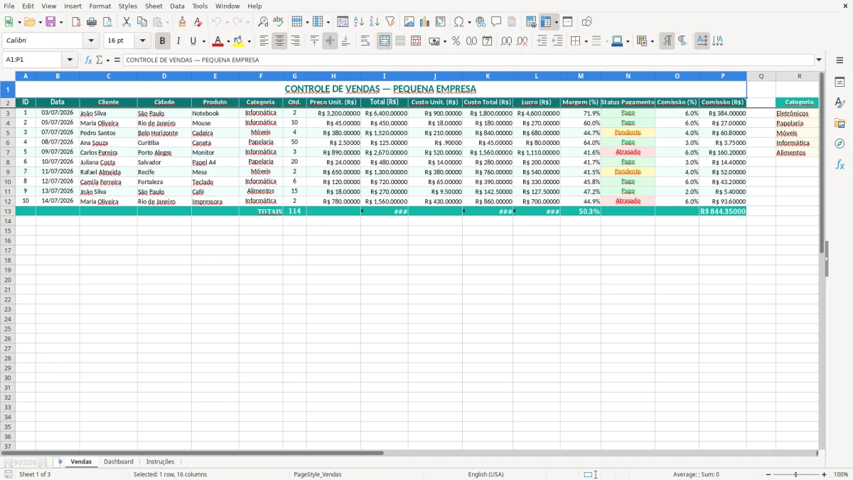 Captura 1: aba Vendas - Planilha Excel pequena empresa