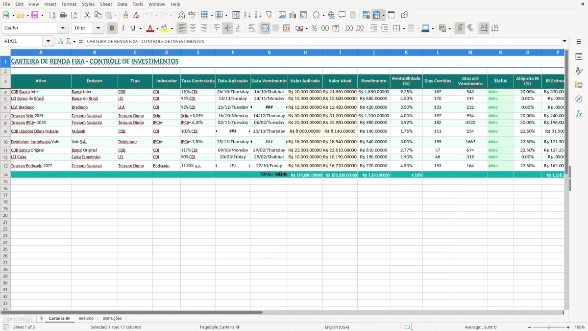 Captura 1: aba Carteira RF - Planilha Excel renda fixa