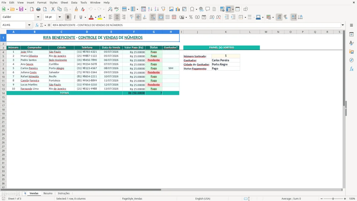 Captura 1: aba Vendas - Planilha Excel rifa