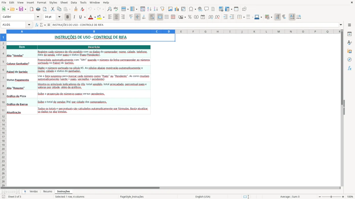 Captura 3: aba Instruções - Planilha Excel rifa
