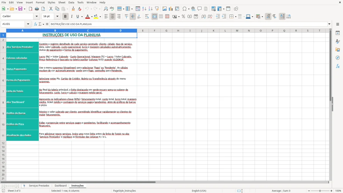 Captura 3: aba Instruções - Planilha Excel servicos prestados