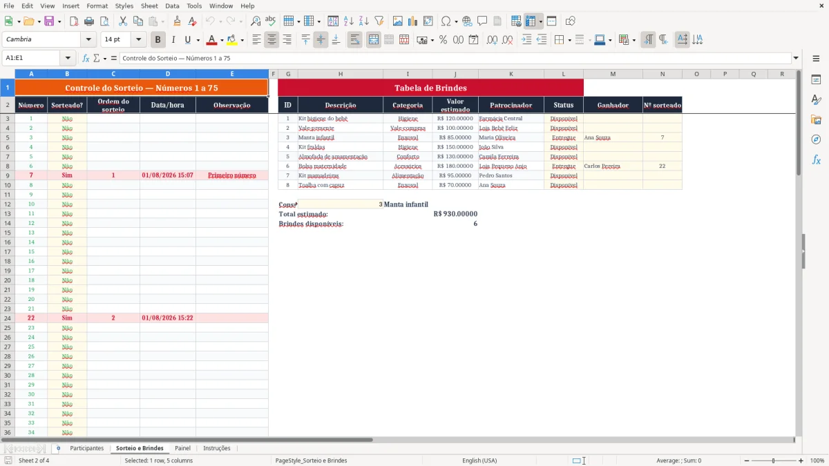 Captura 2: aba Sorteio e Brindes - Planilha Excel bingo cha de bebe