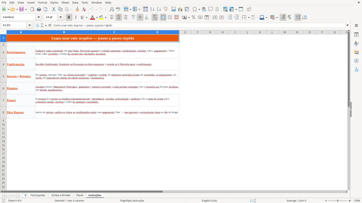 Captura 4: aba Instruções - Planilha Excel bingo cha de bebe
