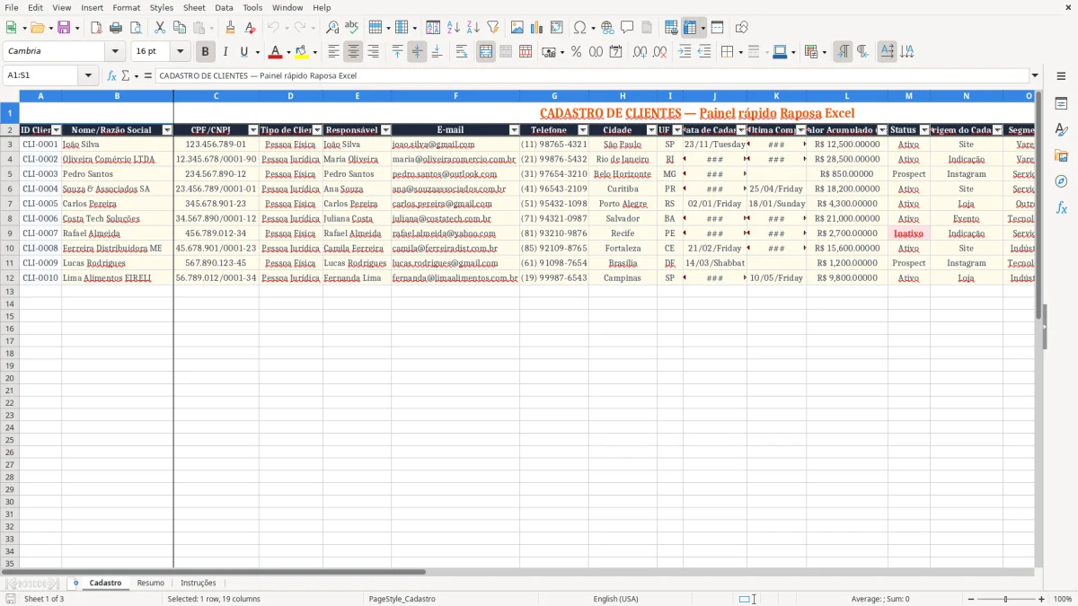 Captura 1: aba Cadastro - Planilha Excel cadastro