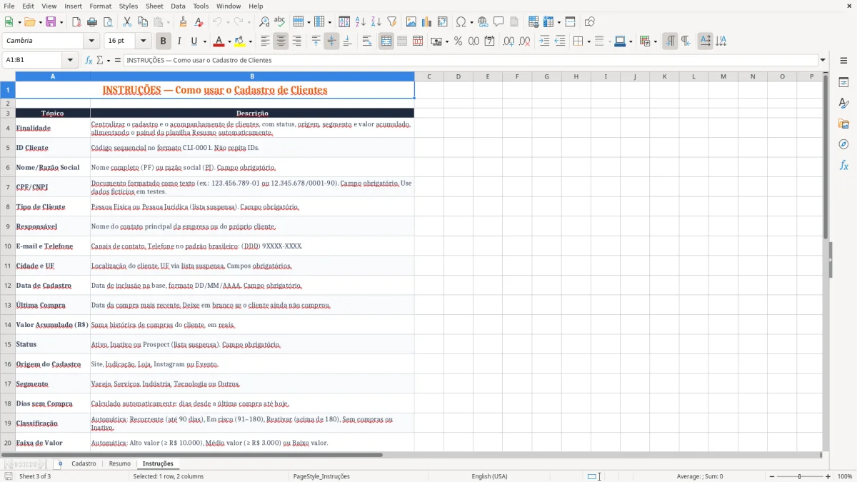 Captura 3: aba Instruções - Planilha Excel cadastro