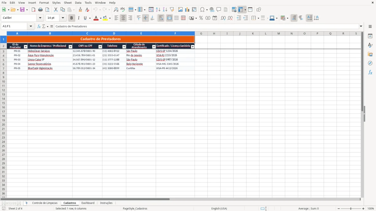 Captura 2: aba Cadastros - Planilha Excel controle de limpeza da caixa dagua
