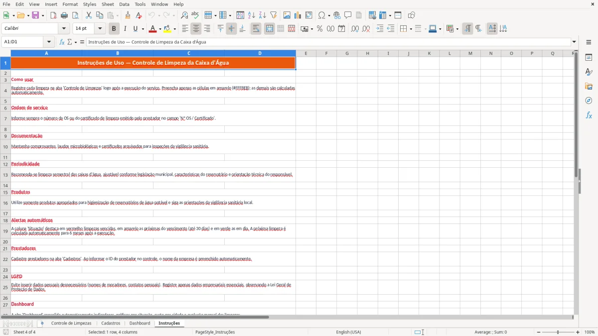 Captura 4: aba Instruções - Planilha Excel controle de limpeza da caixa dagua
