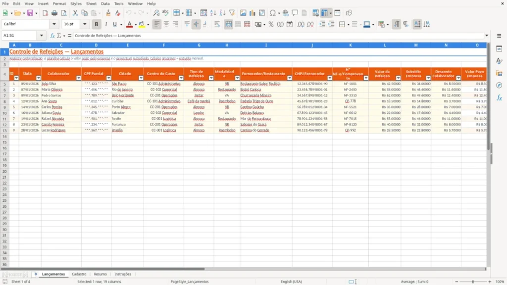 Lançamentos – Controle de Refeições no Excel