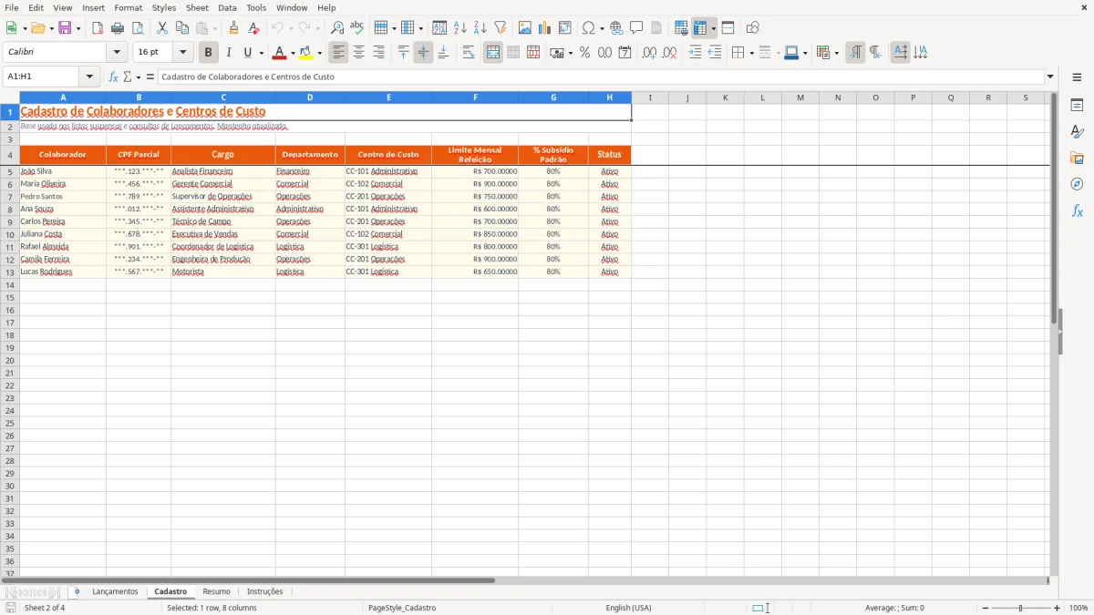 Captura 2: aba Cadastro - Planilha Excel controle de refeicao