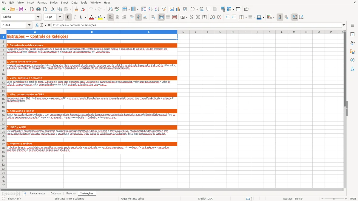 Captura 4: aba Instruções - Planilha Excel controle de refeicao