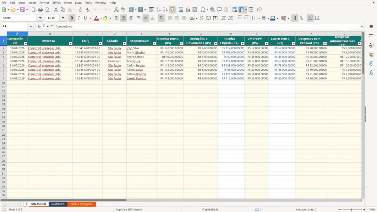 Captura 1: aba DRE Mensal - Planilha Excel demonstrativo de resultados